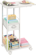 Rolling Side Table with Storage Drawer, White Bedside Table with Wheels, TV Tray for Sofa, Portable Desk on Wheels, Modern Night Stand, Overbed Table for Bedroom, C Shaped End Tables Living Room