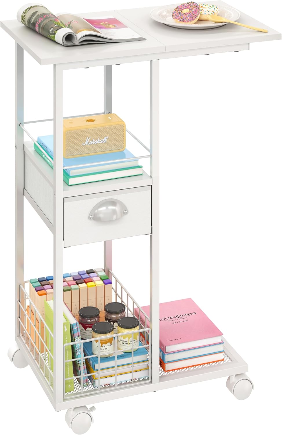 Rolling Side Table with Storage Drawer, White Bedside Table with Wheels, TV Tray for Sofa, Portable Desk on Wheels, Modern Night Stand, Overbed Table for Bedroom, C Shaped End Tables Living Room