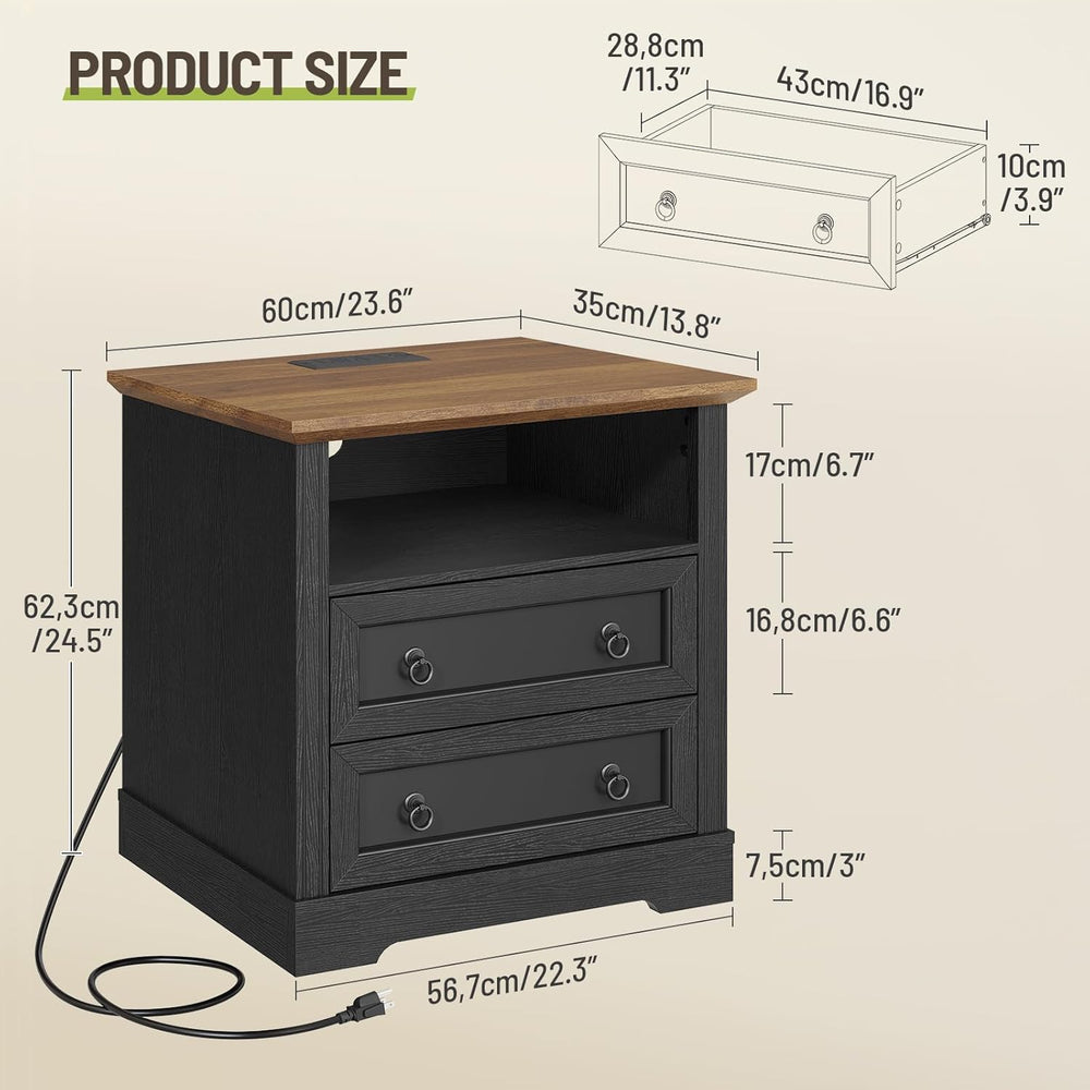 Farmhouse Nightstand with Charging Station, Wooden Bedside End Table with 2 D...
