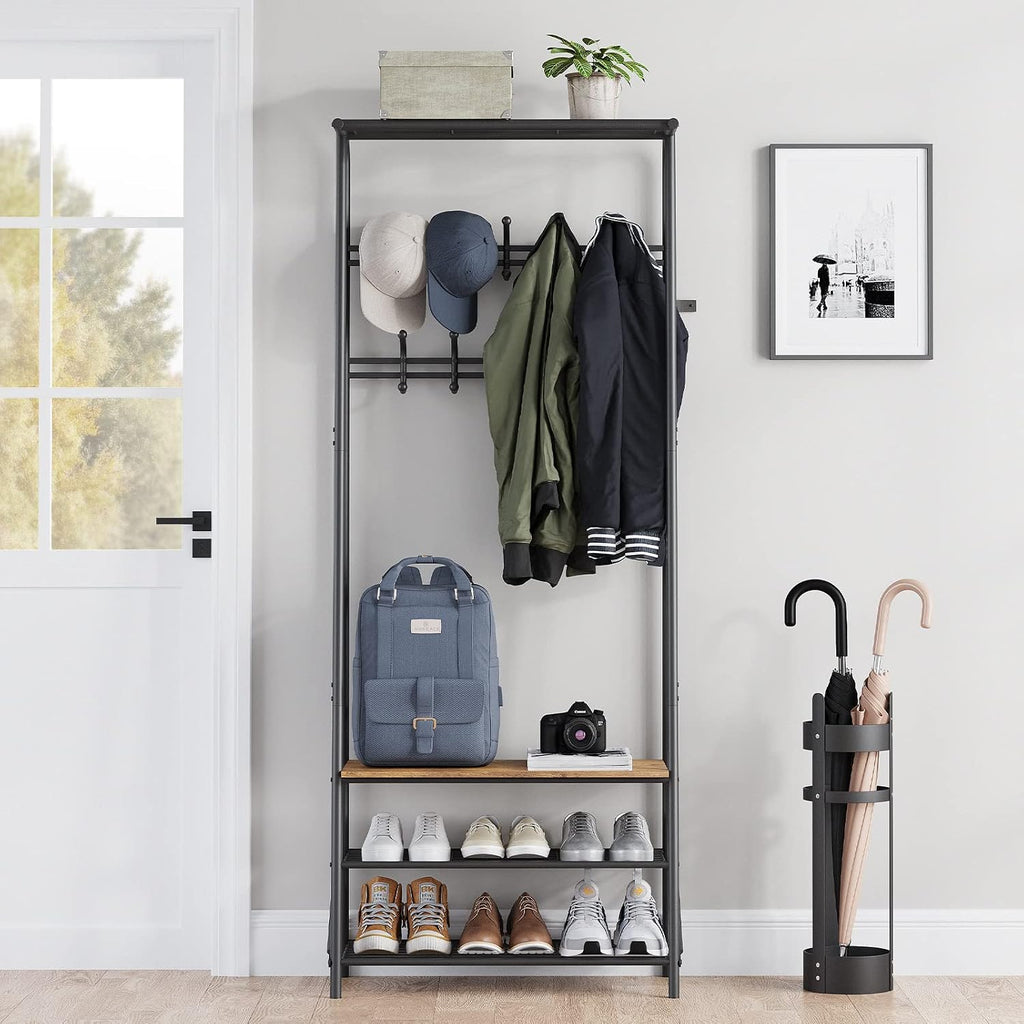 Amyove Coat Rack Shoe Bench with 10 Hooks, Hall Trees Entryway Bench with Storage, Multifunctional Hallway Organizer, Wood Look Accent Furniture with Metal Frame