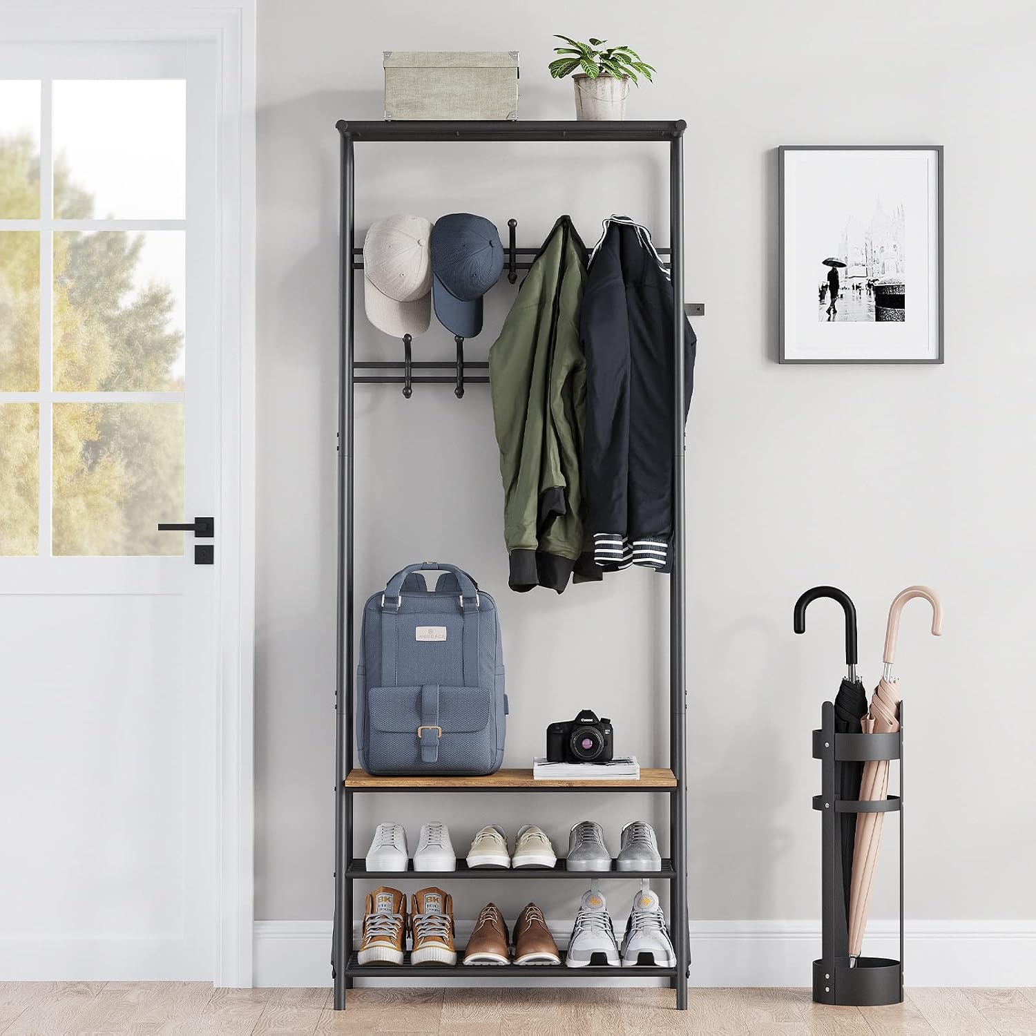 Amyove Coat Rack Shoe Bench with 10 Hooks, Hall Trees Entryway Bench with Storage, Multifunctional Hallway Organizer, Wood Look Accent Furniture with Metal Frame
