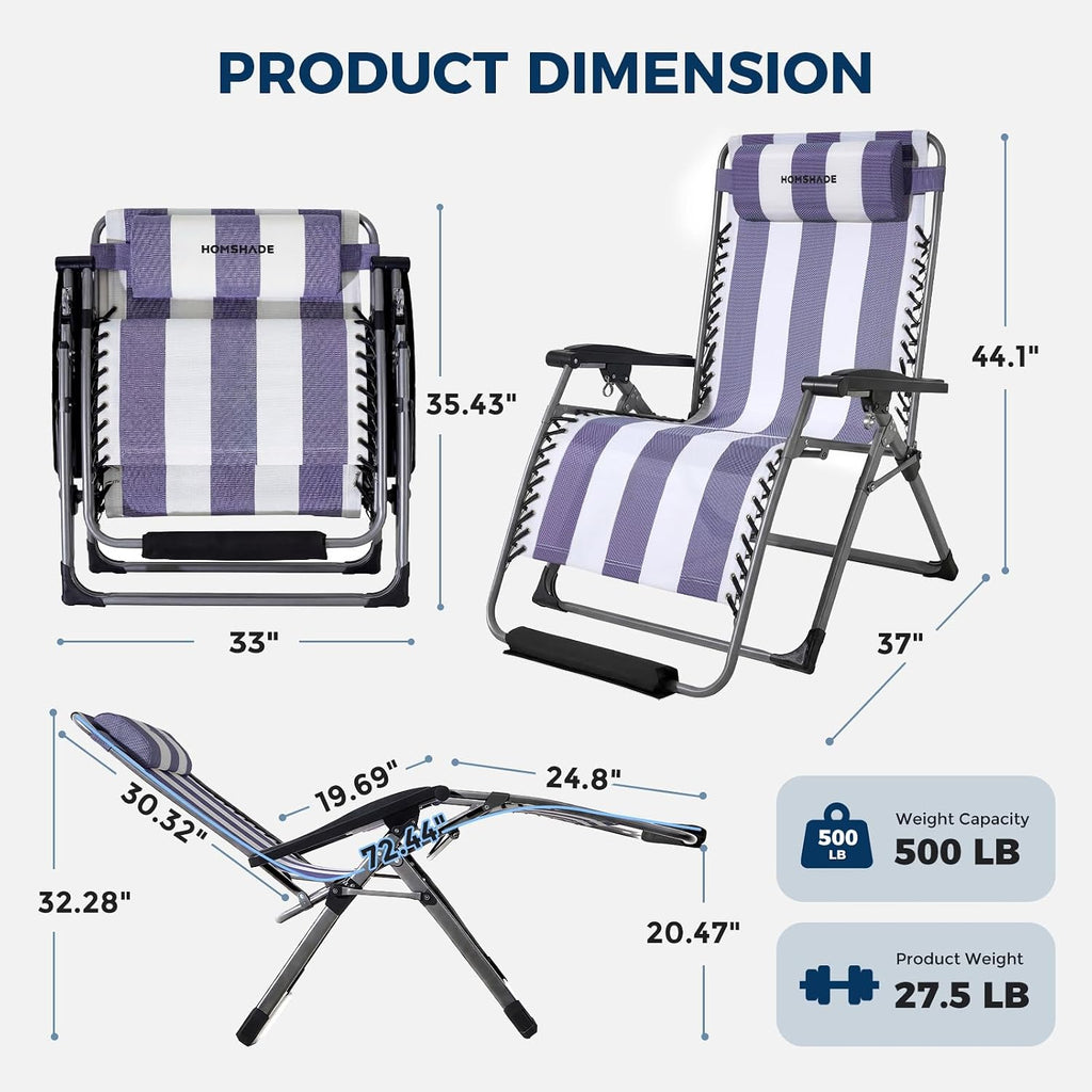33 Inch XXL Oversized Zero Gravity Chair,Support 500LBS,Blue&White | Heavy Duty Zero Gravity Lounge Chair Outdoor, Indoor Recliner Chairs w/Removable Cushion, Footrest, Headrest & Cup Holder
