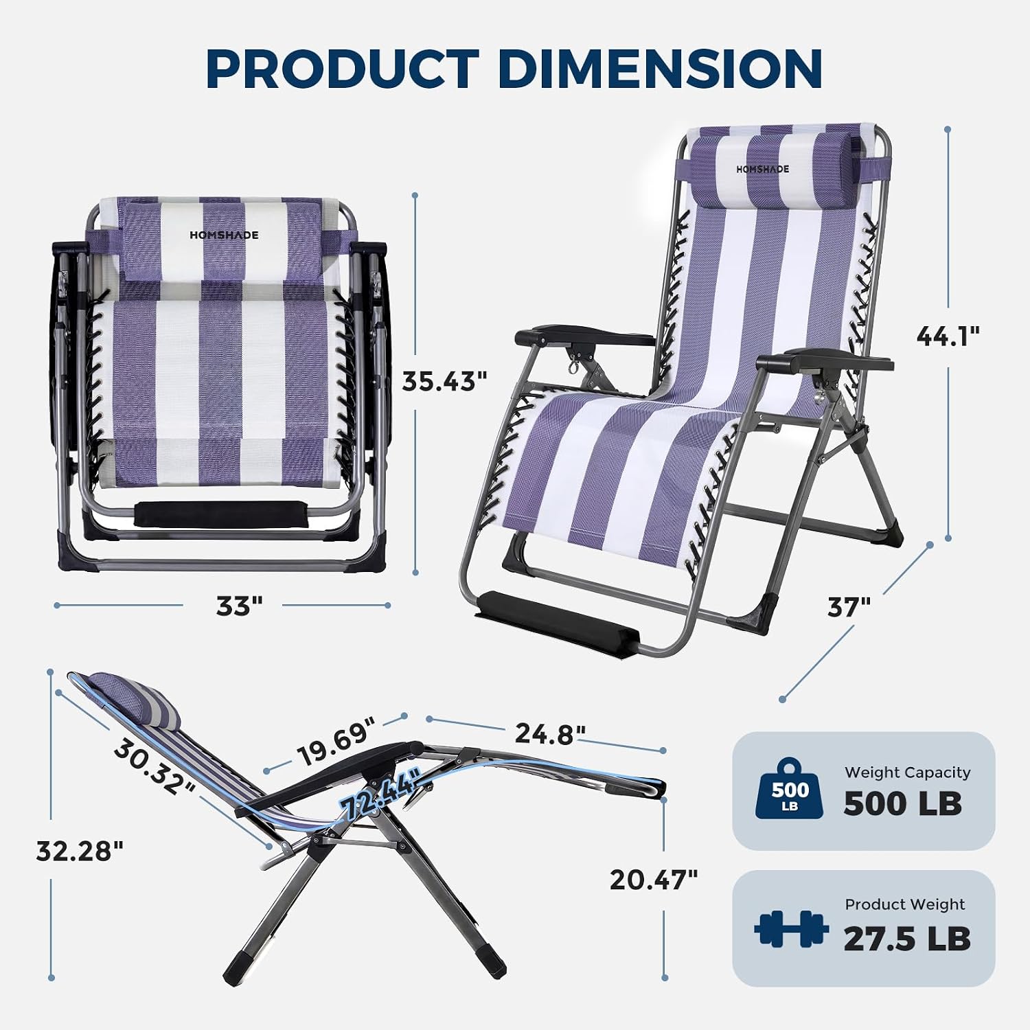 33 Inch XXL Oversized Zero Gravity Chair,Support 500LBS,Blue&White | Heavy Duty Zero Gravity Lounge Chair Outdoor, Indoor Recliner Chairs w/Removable Cushion, Footrest, Headrest & Cup Holder