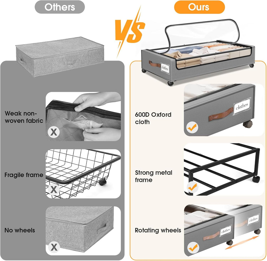 Under Bed Storage with Wheels 2Pack Underbed Storage with Clear Window&Label Under Bed Drawers Large Capacity Rolling Under Bed Storage for Clothes,Shoes, Blankets (Light Grey)