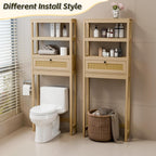 Over The Toilet Storage Cabinet, Behind Toilet Bathroom Organizer with Adjustable Shelves, Above Toilet Organizers with Rattan Door, Space Saver for Restroom, Bathroom, Laundry
