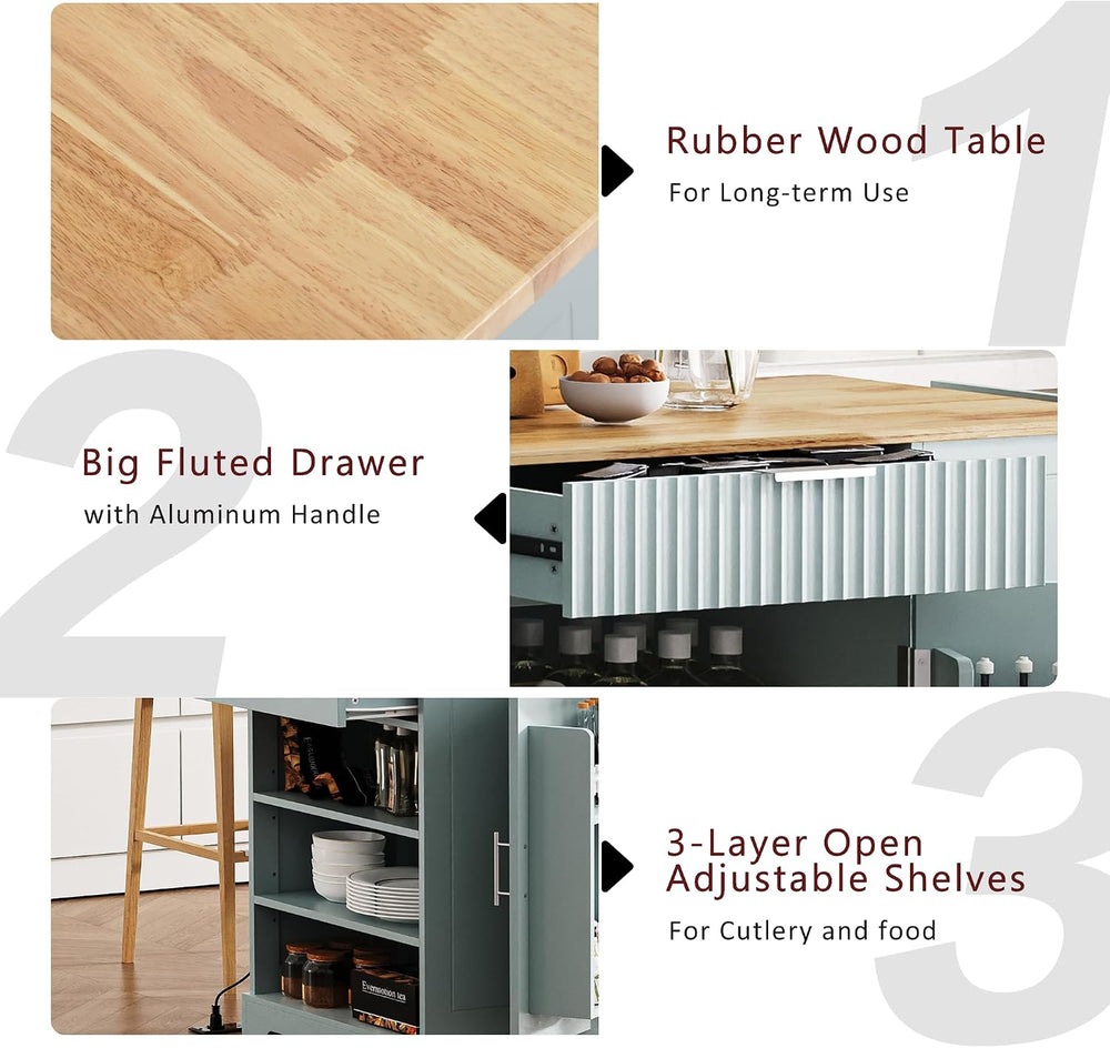 Kitchen Island with Trash Can Storage Cabinet and Power Outlet, Rolling Kitch...