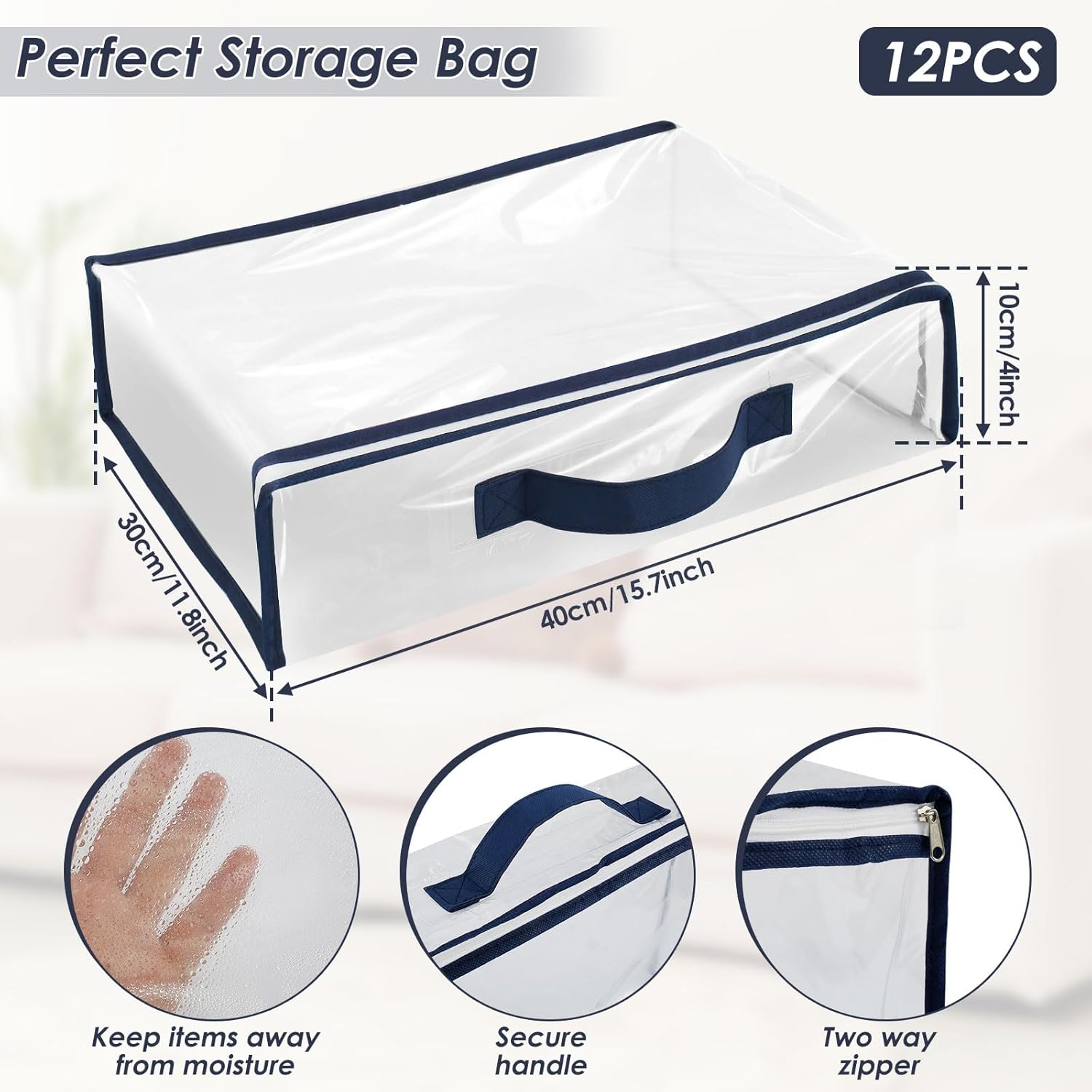 12 Pack Clear Storage Bags with Zipper 12L Blanket Storage Bag Waterproof Dustproof Bedding Storage Organizer Foldable Clothes Containers with Handle for Comforter Sweater Sheet 15.7x11.8x3.9 Inch