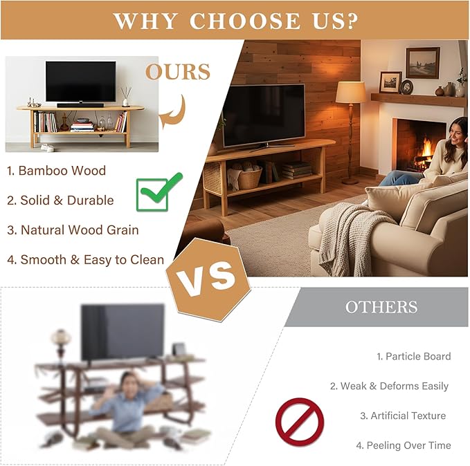Tiita TV Stand with Storage for TVs up to 65'', Bamboo TV Console Entertainment Center with 2 Open Shelf, Mid Century Modern Media Console for Living Room, Bedroom, Wood