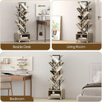 Double Sided Rotating Tree Bookshelf - 7-Tier Retro Floor Standing Bookcase, Wood Storage for Books, CDs, Movies, Perfect for Small Spaces in Bedroom, Living Room, Home Office, Grey