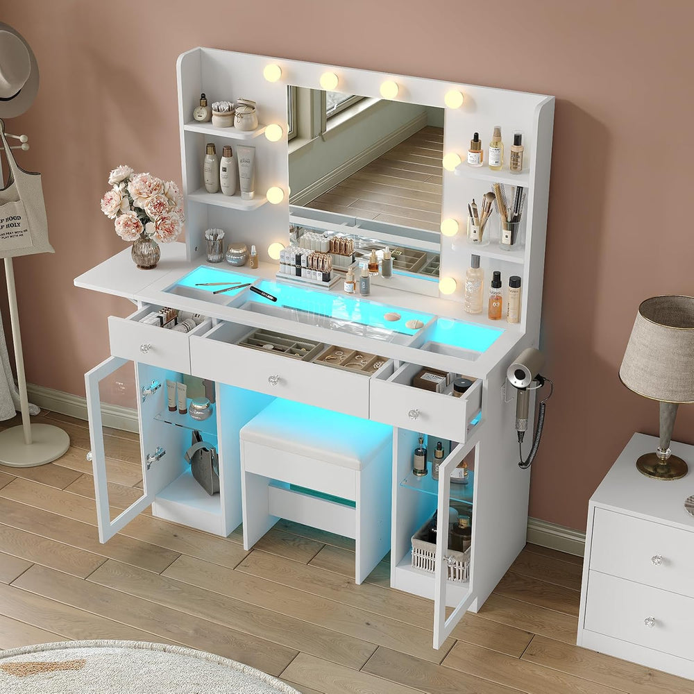 Yanosaku Makeup Vanity Desk with Mirror and Lights, RGB Lighted Vanity Desk w...