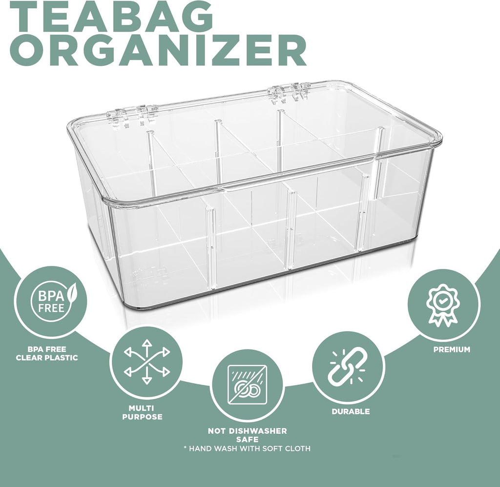 Utopia Home - Tea Bag Organizer With Lids, (2 Pack) Clear Pantry Storage Box - Stackable Partition Organizers or Holder With Lids For Drawers, Countertops, Fridge, Kitchen, Snack & Spice Organization