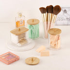 Tbestmax 4 Pack Qtip Holder Bathroom Container, 10/7oz Cotton Ball Cotton Swabs Pads Dispenser, Apothecary Jar with Bamboo Lids for Organizer and Storage (Beige)