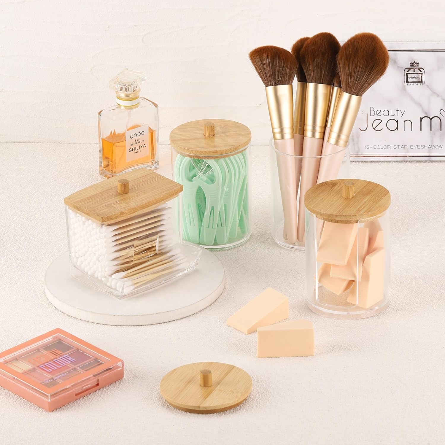 Tbestmax 4 Pack Qtip Holder Bathroom Container, 10/7oz Cotton Ball Cotton Swabs Pads Dispenser, Apothecary Jar with Bamboo Lids for Organizer and Storage (Beige)