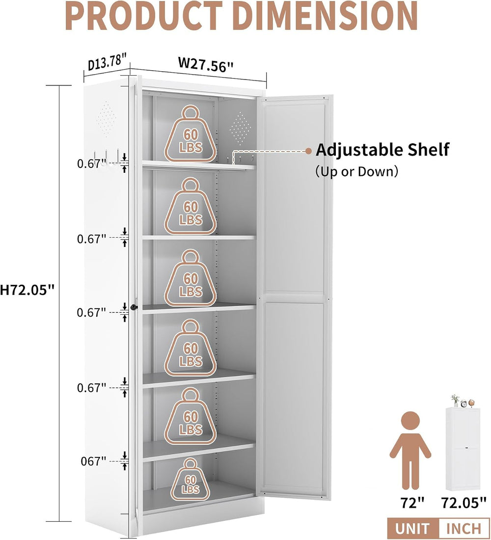 72" White Metal Kitchen Pantry Cabinet with Doors & 5 Adjustable She...