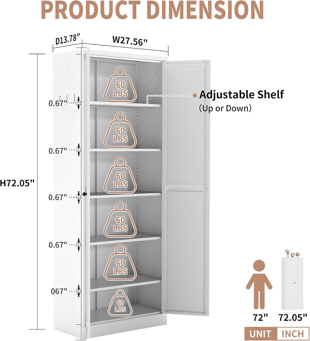 72" White Metal Kitchen Pantry Cabinet with Doors & 5 Adjustable Shelves, Heavy-Duty Freestanding Storage Organizer Utility Cupboard for Pantry, Kitchen, Bathroom