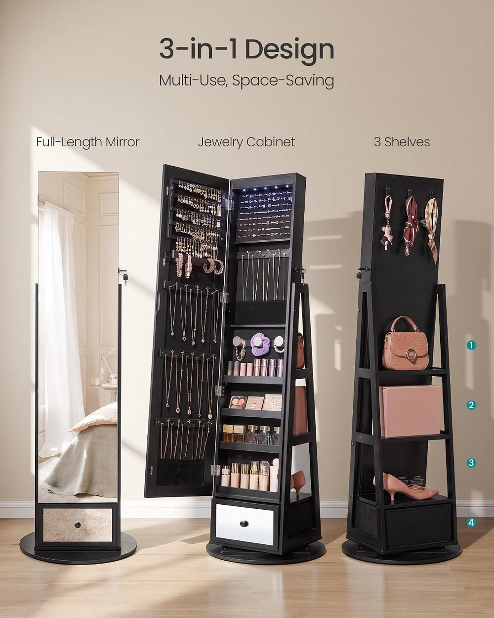 SONGMICS LED Jewelry Organizer, Full Length Mirror with Storage, Rotating