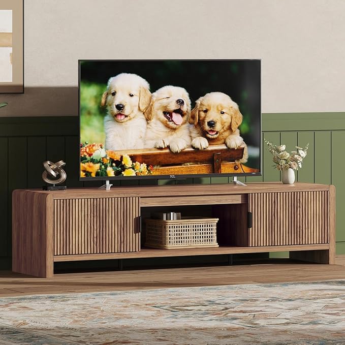 FATORRI TV Stand for 75/65/55 Inch TVs, Farmhouse Entertainment Center with Storage, Wood Waveform Fluted-Door Television Media Console for Living Room,Bedroom (63" W, Walnut)