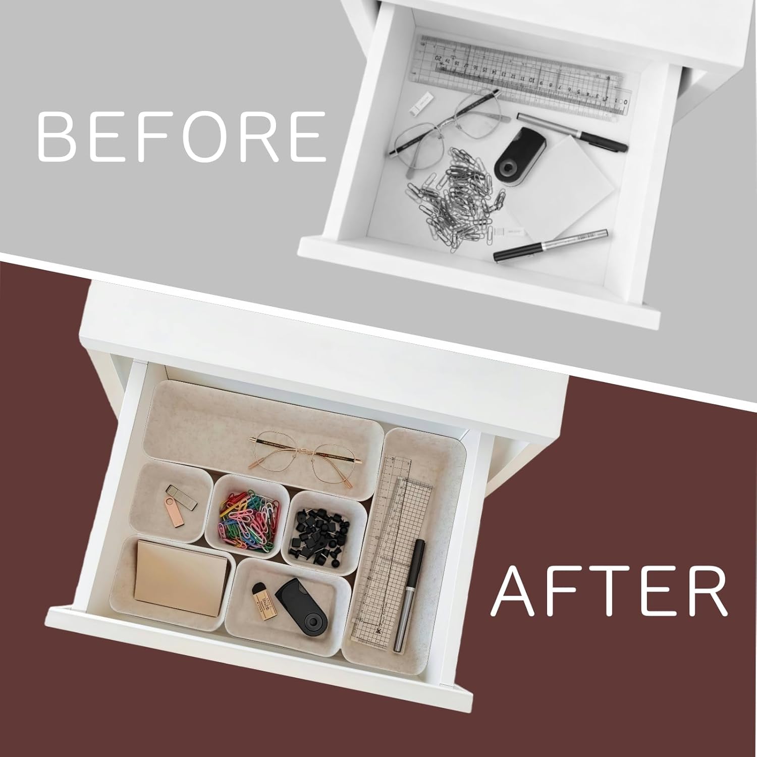 8-Piece Felt Drawer Organizer Set in 4-Sizes, Made from Eco-Friendly Material for Vanity, Makeup, Desk, Office, Kitchen, and Nightstand, Oatmeal Beige
