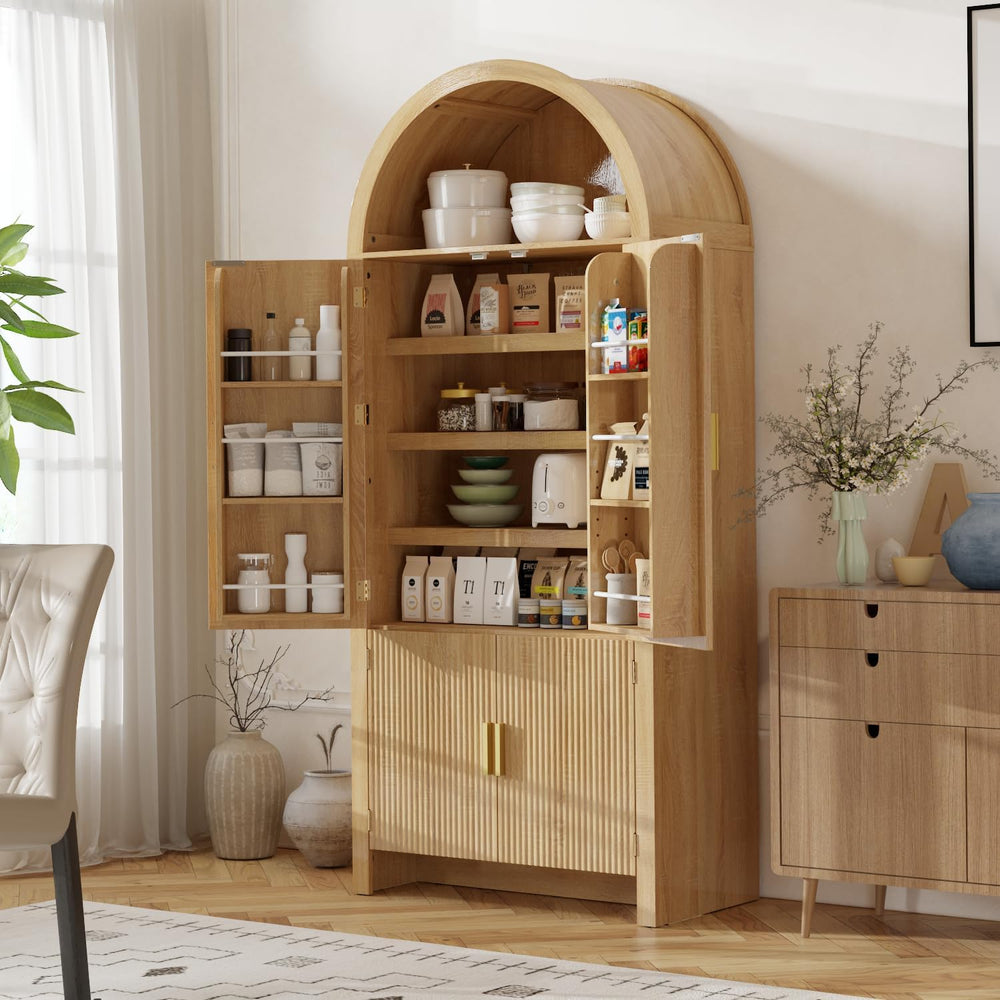 OFIKA 71" Arched Kitchen Pantry Cabinet, Fluted Wood Storage with 3 Shel...