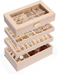 Homde Jewelry Tray Stackable Jewelry Box Drawer Organizer with Glass Lid, Removable Dividers for Vanity Table - Christmas Gift Idea for Girls and Women(Apricot)