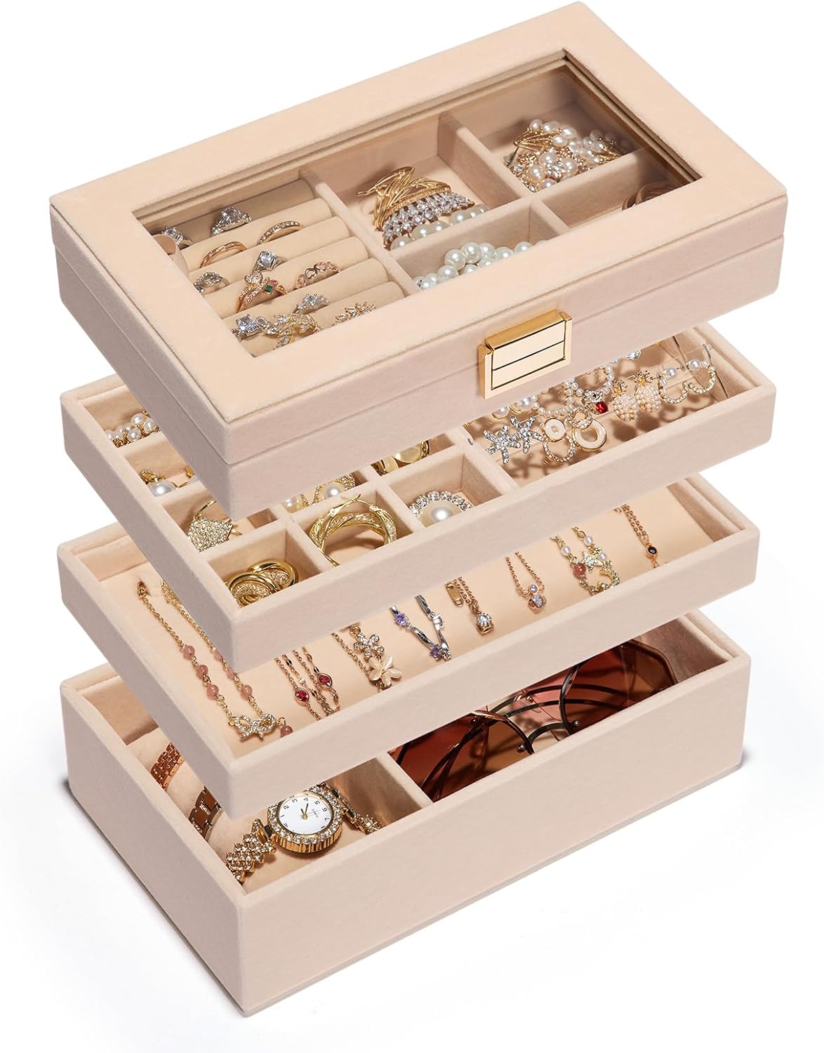 Homde Jewelry Tray Stackable Jewelry Box Drawer Organizer with Glass Lid, Removable Dividers for Vanity Table - Christmas Gift Idea for Girls and Women(Apricot)