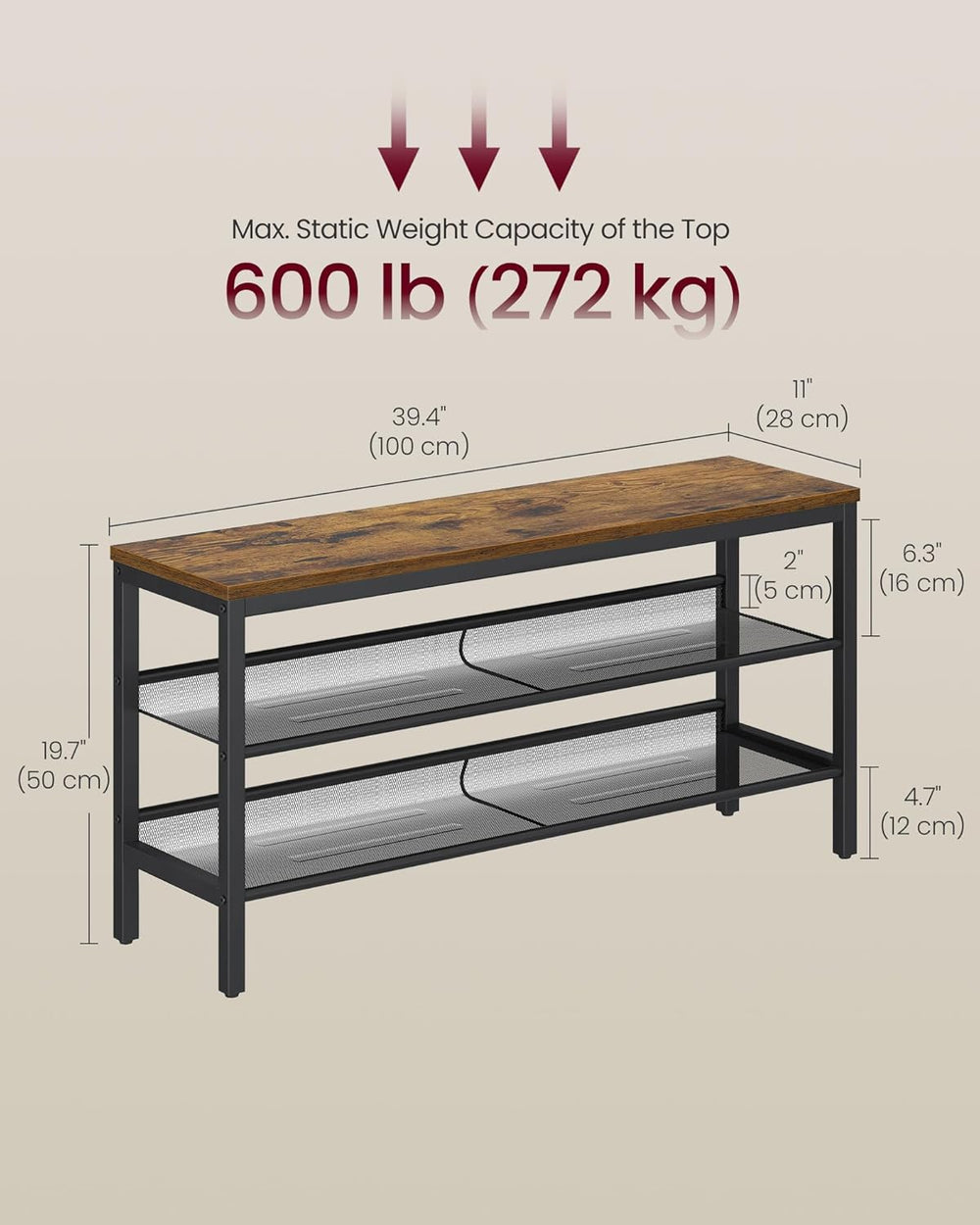 VASAGLE 3 Tier Shoe Rack Bench, One Piece Shelves, Shoe Storage Organizer wit...