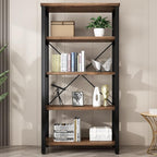 5 Tier Industrial Solid Wood Bookshelf, Open Etagere Bookcase with Metal Frame, Vintage Industrial Style Bookcase/Metal and Wood Bookshelf Furniture (AY01-5tier)