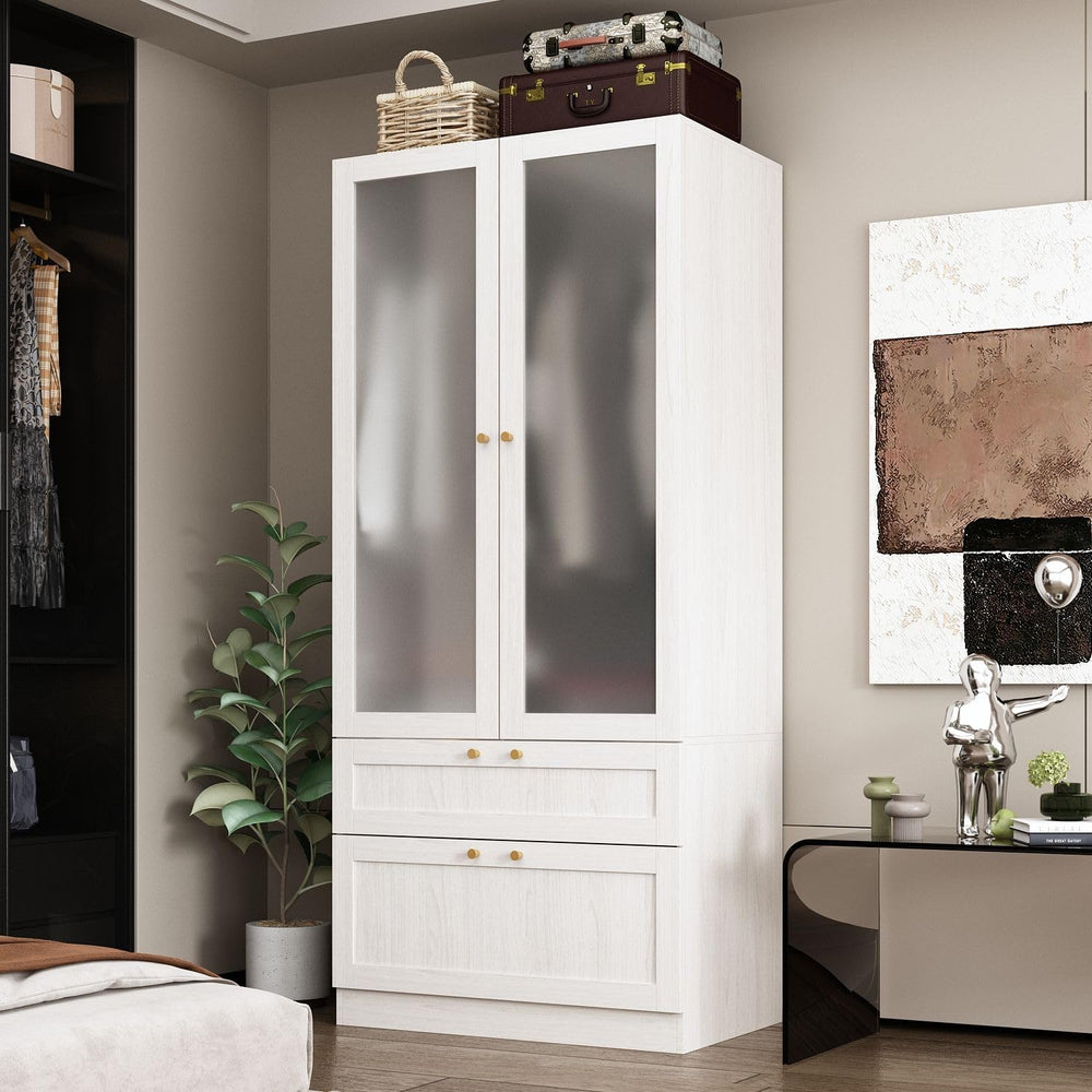 MOUMON Modern Wardrobe with Drawers, Bedroom Armoires with Frosted Glass Door...
