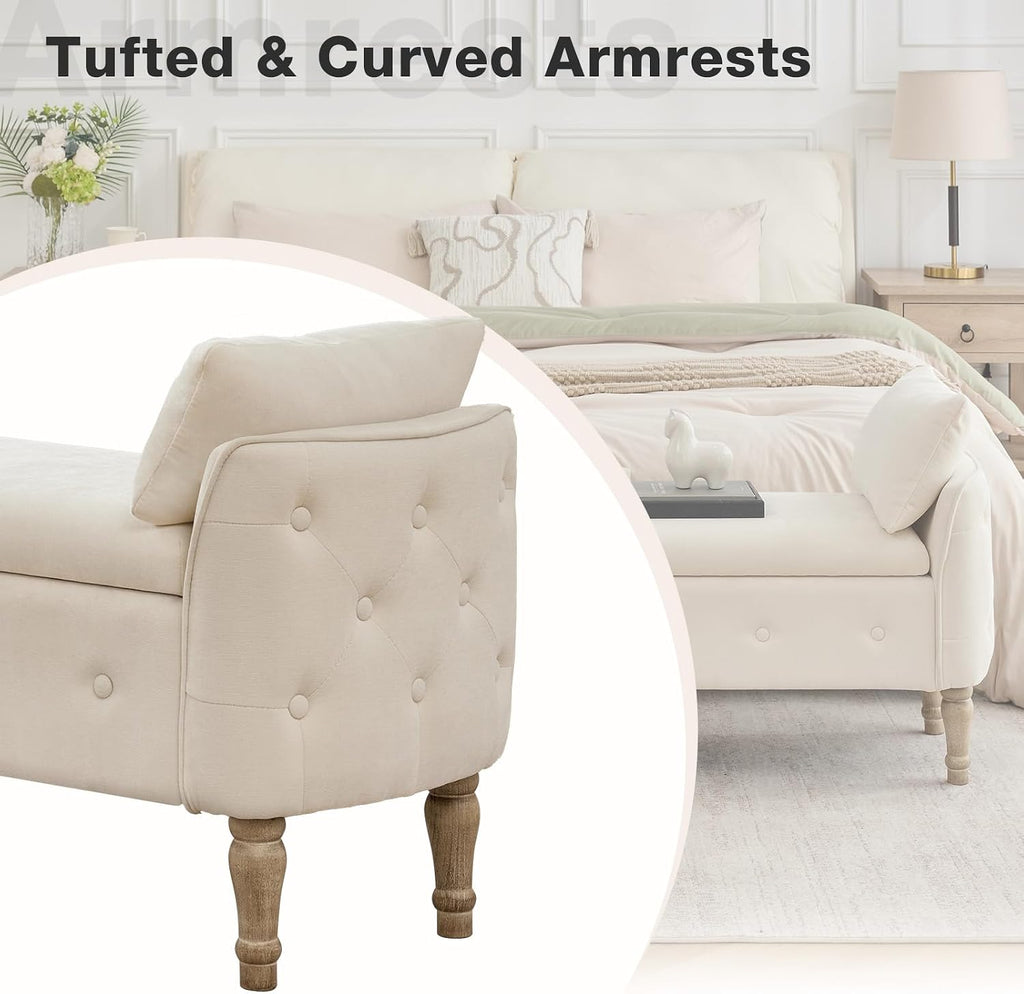 67"End of Bed Storage Bench King Size,Upholstered Bedroom Bench,Beige | Linen Storage Bench for Bedroom End of Bed ,2 Cushion, Vintage Wood Legs ,Tufted,Storage Ottoman Bench for Entryway Window