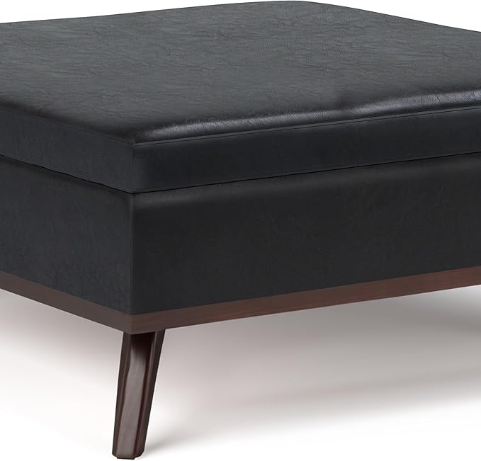 SIMPLIHOME Owen 36 inch Wide Mid Century Modern Square Coffee Table Storage Ottoman in Midnight Black Vegan Faux Leather, Assembled, For the Living Room, Entryway and Family Room