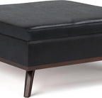 SIMPLIHOME Owen 36 inch Wide Mid Century Modern Square Coffee Table Storage Ottoman in Midnight Black Vegan Faux Leather, Assembled, For the Living Room, Entryway and Family Room