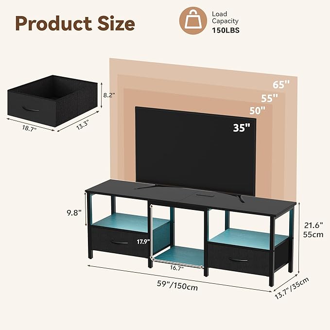 TV Stand for 65 Inch TV, LED Entertainment Center with Fabric Drawers and Power Outlets, Modern Industrial TV Media Console for Living Room, Bedroom Storage Cabinet - 59'' Black
