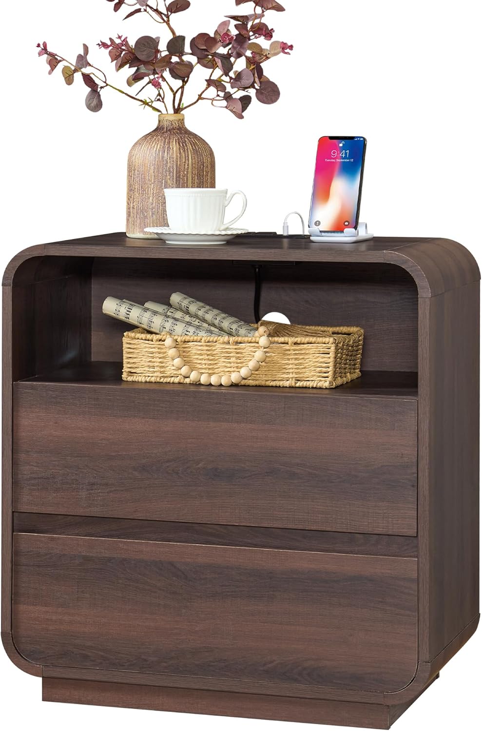 Standifurno Modern Walnut Nightstand, 25" Tall Wooden Bedside Table with...