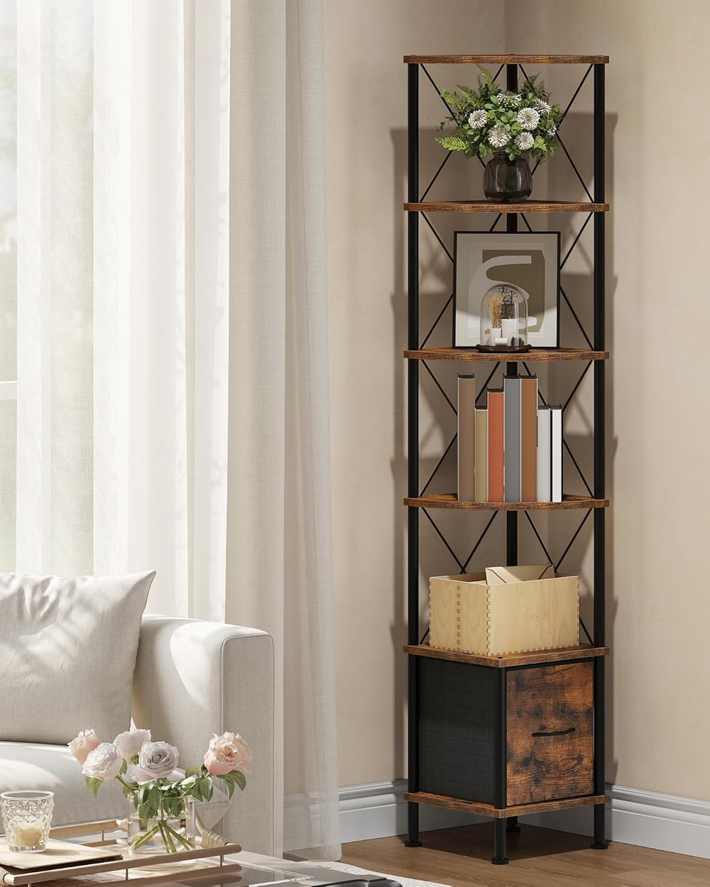 CHOEZON Corner Shelf with Drawer, Narrow Corner Bookshelf, Standing Bookcase,...