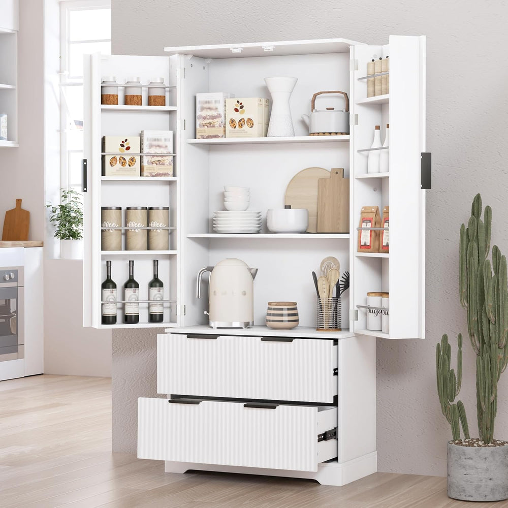 Fluted Kitchen Pantry Cabinet with Drawers,White Food Pantry Cabinet,Freestan...