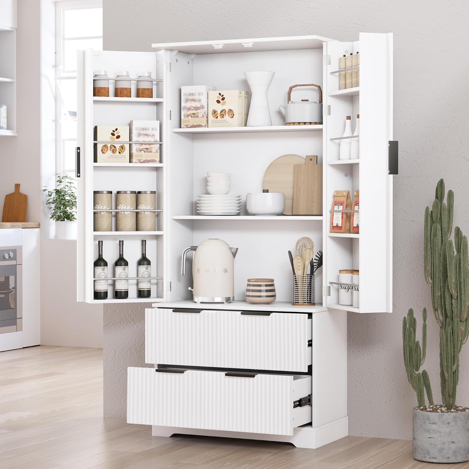 72'' Tall Farmhouse Pantry Cabinet with 2 Drawers and 2 Doors – Grooved MDF Freestanding Storage Cabinet for Kitchen, Bathroom, Entryway, or Dining Room (White)