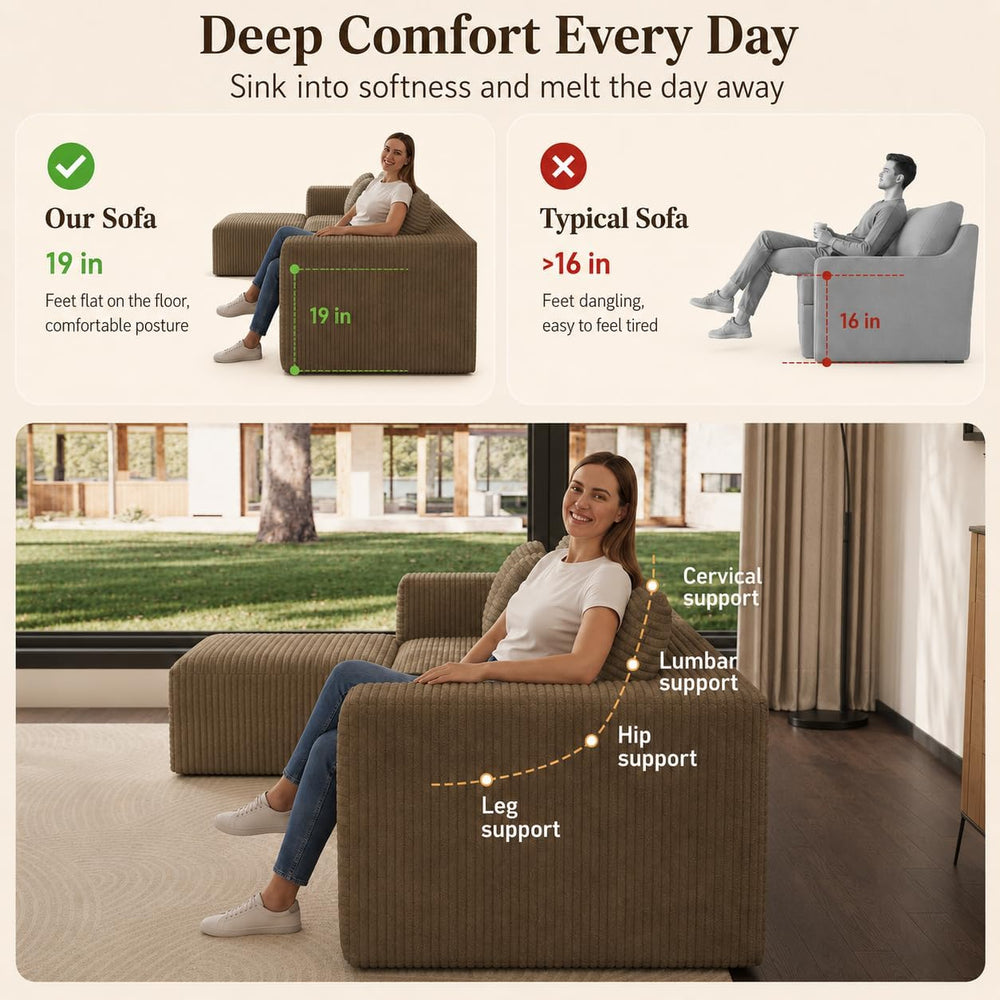151" U Shaped Modular Sectional, Storage Console, 6 Seater, Brown | Over...
