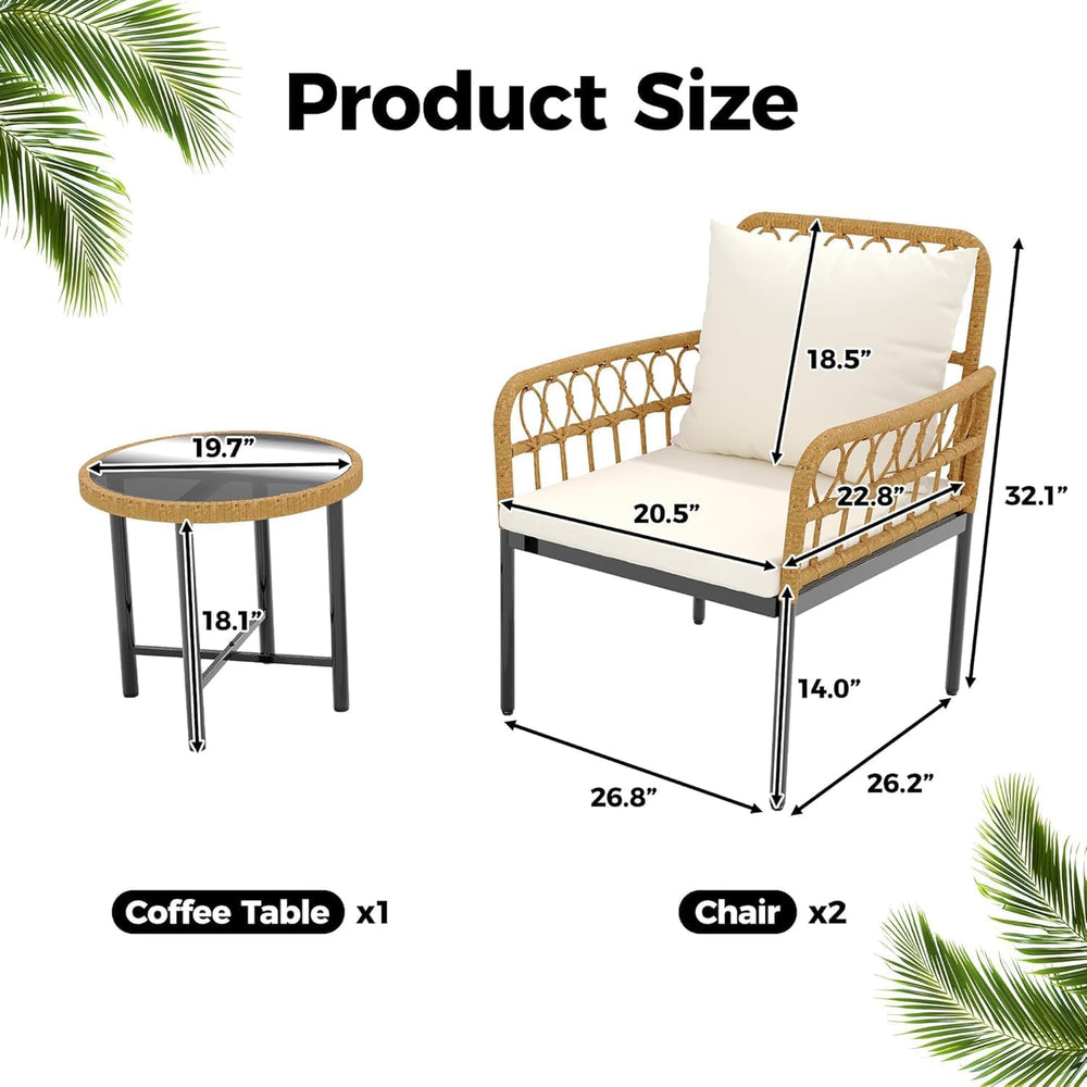 3-Piece All-Weather Wicker Rattan Bistro Patio Furniture Set with Glass Table...