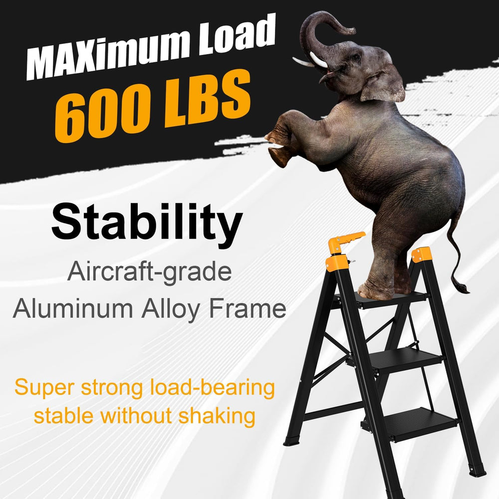 3 Step Ladder with Single-Handrail, Aluminum Step Stool Foldable (Yellow)