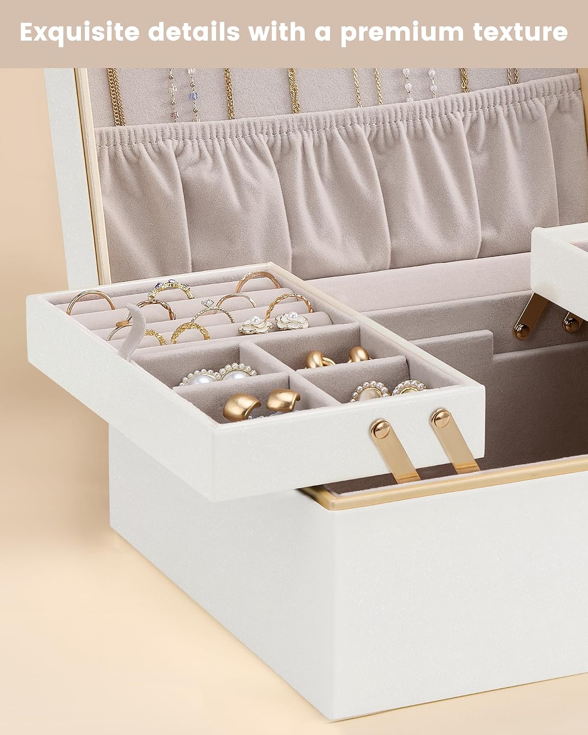 Lolalet Jewelry Box for Women Girls, 2 Layer Jewelry Organizer -Champagne | Jewellery Storage Case, Necklace Earrings Rings Bracelets Holder, Cnristmas Birthday Gifts for Mom Teen Girls Daughter