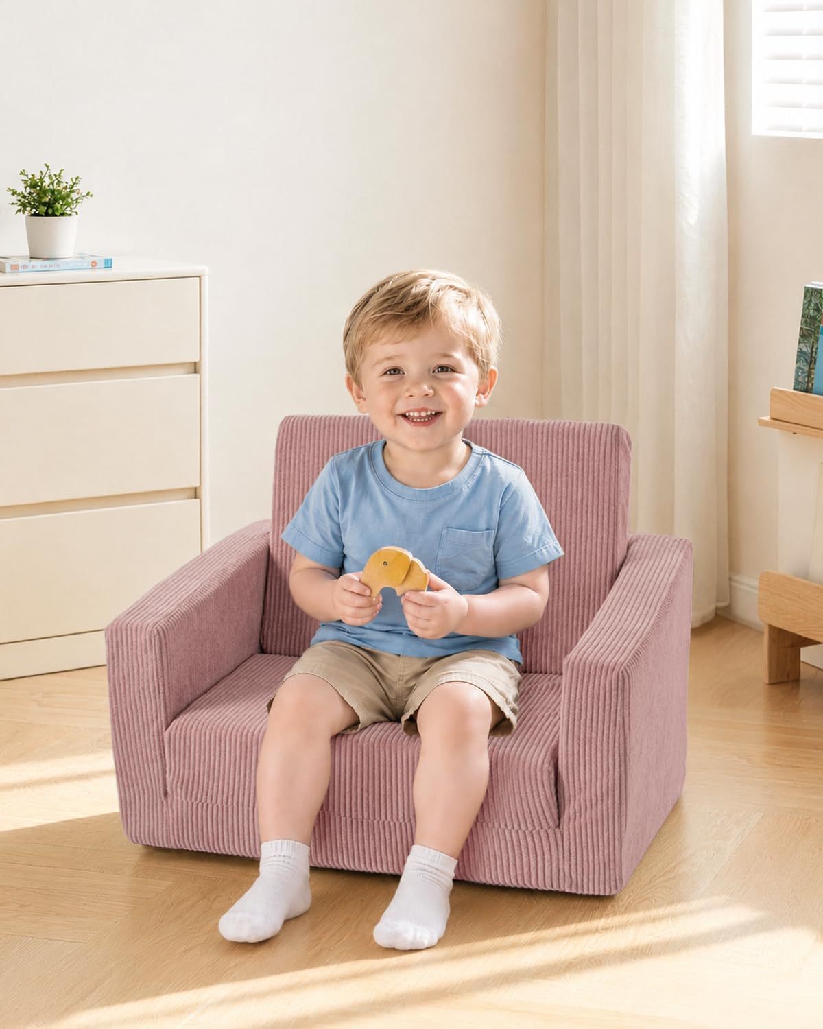 2-in-1 Kids Chair and Couch, Cozy Corduroy Kids Sofa, Pink | Fold-Out Kids Couch, Boys and Girls, Bedroom & Playroom, Reading and Playing, Lightweight, Removable Washable Cover