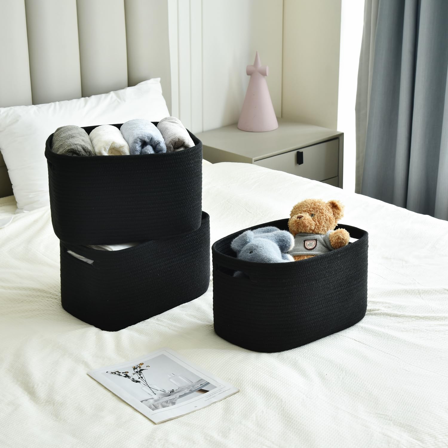 Issudata Storage Basket, Woven and Cotton Rope Baskets for Organizing, Decorative Book, Towel, Toy Baskets or Storage Bins for Living Room - 3 Pack, Black