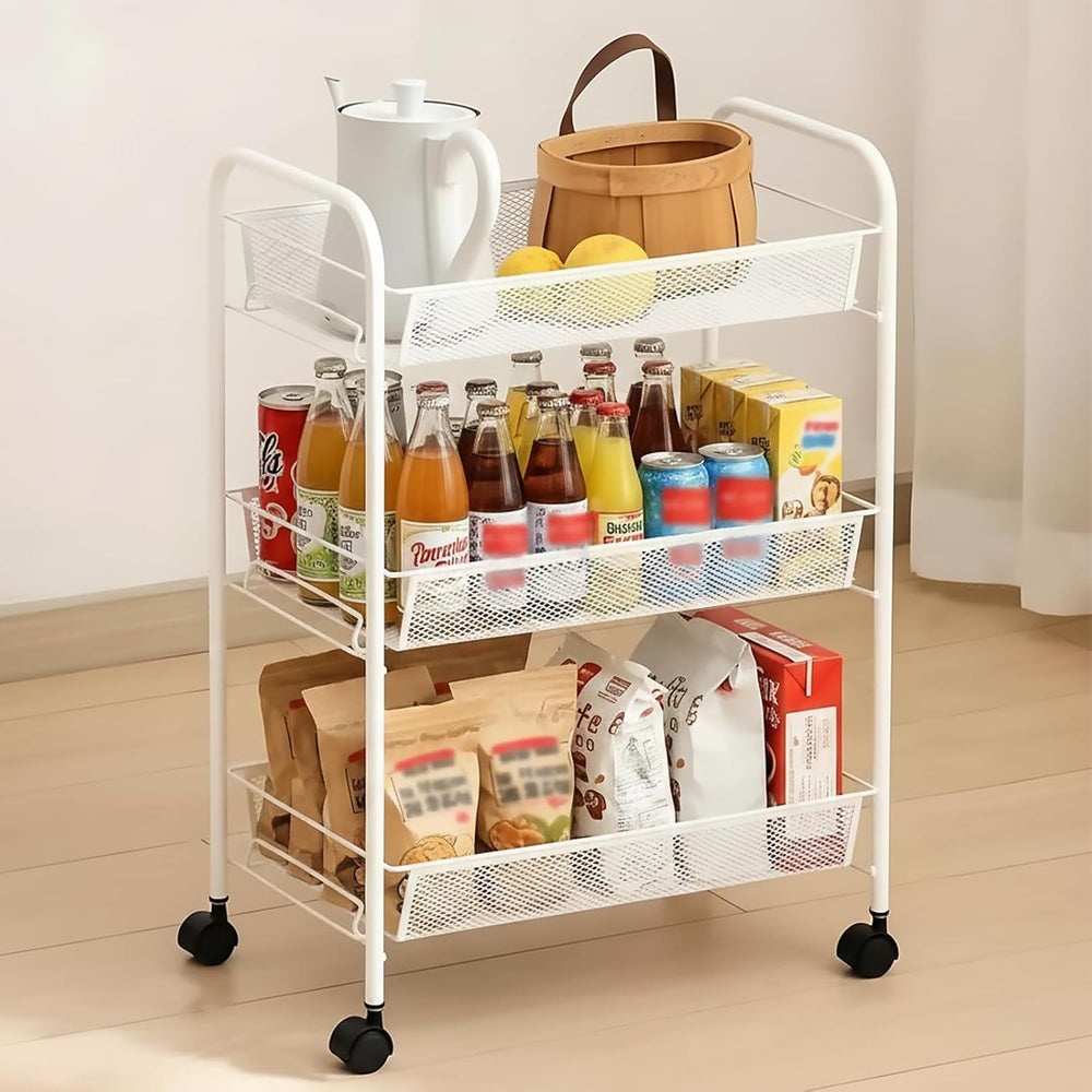 Storage Carts 3-Tier, Metal Utility Rolling Cart with Wheels, Snack Shelves, ...
