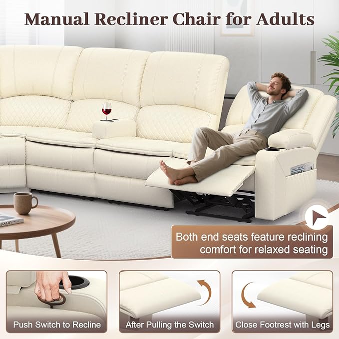 Manual Reclining Sectional Sofa Set, 7 Seats Soft Leather Recliner Corner Sectional Couch, Family-Sized L-Shaped Recliner Couch with USB Charging, Thickened Padding, Sturdy Frame, White