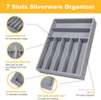 Kitchen Bamboo Silverware Organizer, Kitchen Drawer Organizer - Utensil Holder and Cutlery Tray with Grooved Drawer Dividers for Flatware 7 Slot, Grey