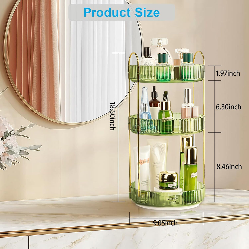 360 Rotating Makeup Organizer - Large Capacity Spinning Perfume & Cosmetic Skincare Holder for Vanity & Countertop (Gem Green, 3 Tier)