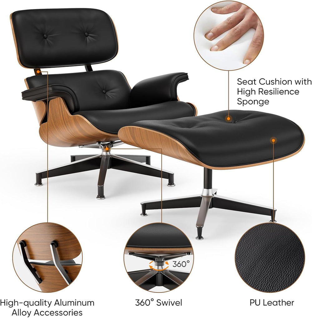 Top Black PU Leather, Mid Century Chaise Lounge Chair and Ottoman, Modern Cha...