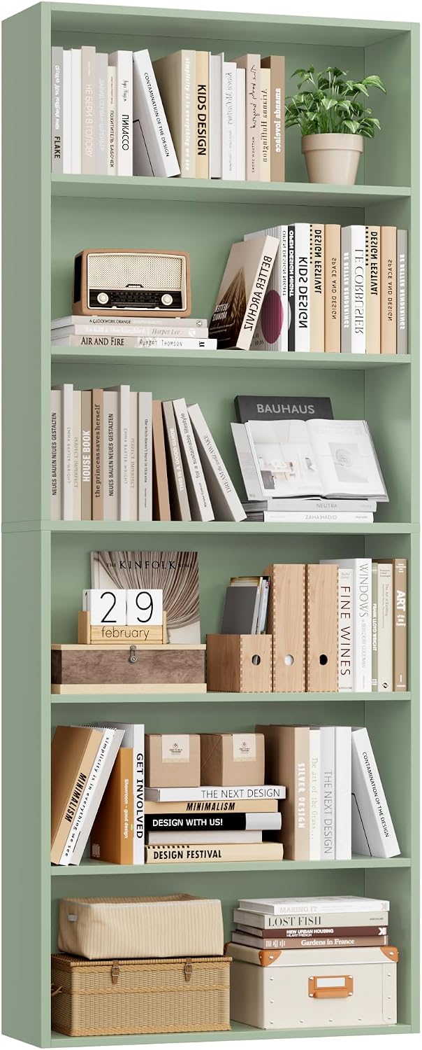 FOTOSOK 6 Tier Tall Bookshelf and Bookcase with Open Display Shelves, Green