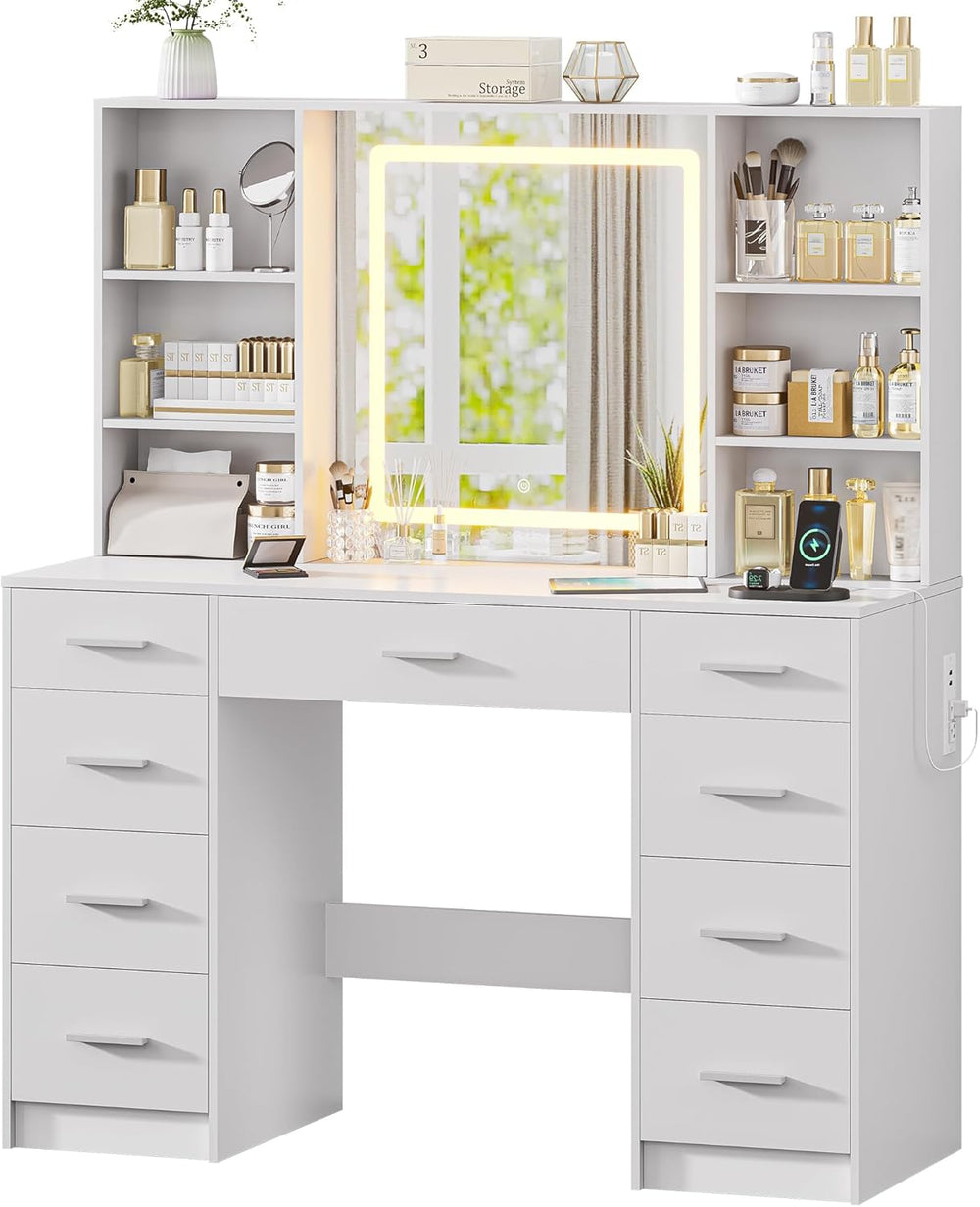 Vanity Desk with Mirror and Lights, Makeup Vanity Desk with 9 Drawers & 6...