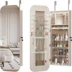 Montary Door or Wall-Mounted Jewelry Cabinet with Full-Length Mirror - Lockable Storage Organizer with Built-In LED Lighting, Hidden Jewelry Armoire for Bedroom & Closet, White